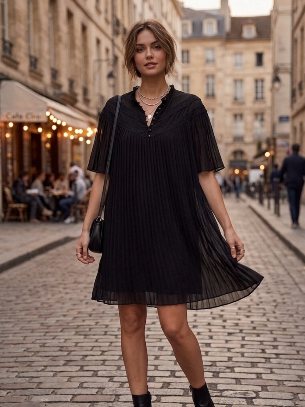 Aritzia Wilfred Sz XS Black Pleated Lace Details Short Dress